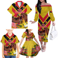 Custom Papua New Guinea Rugby Family Matching Off The Shoulder Long Sleeve Dress and Hawaiian Shirt Bird of Paradise and Hibiscus Polynesian Pattern Yellow Color LT03 - Polynesian Pride