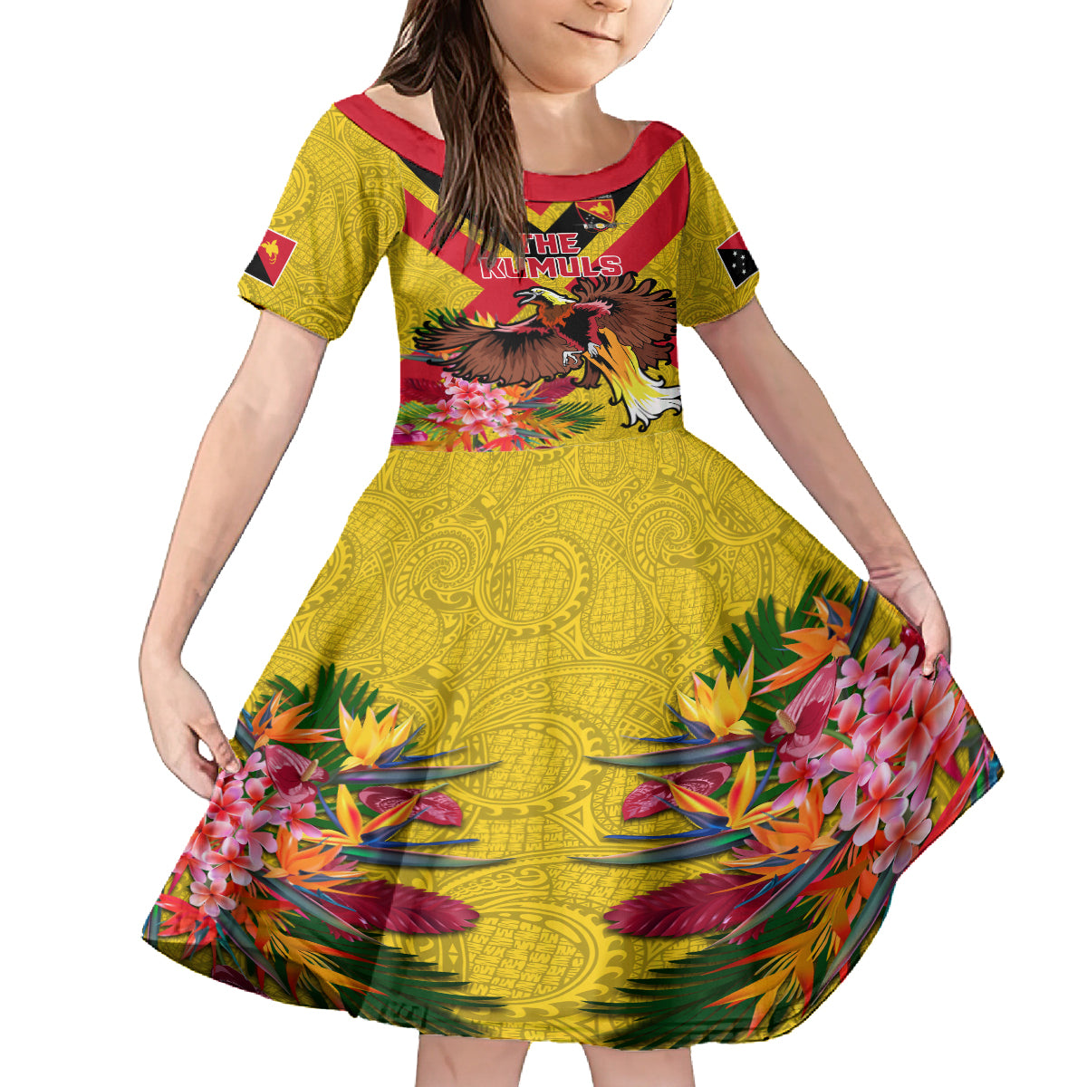 Custom Papua New Guinea Rugby Family Matching Off Shoulder Maxi Dress and Hawaiian Shirt Bird of Paradise and Hibiscus Polynesian Pattern Yellow Color LT03 Daughter's Dress Yellow - Polynesian Pride