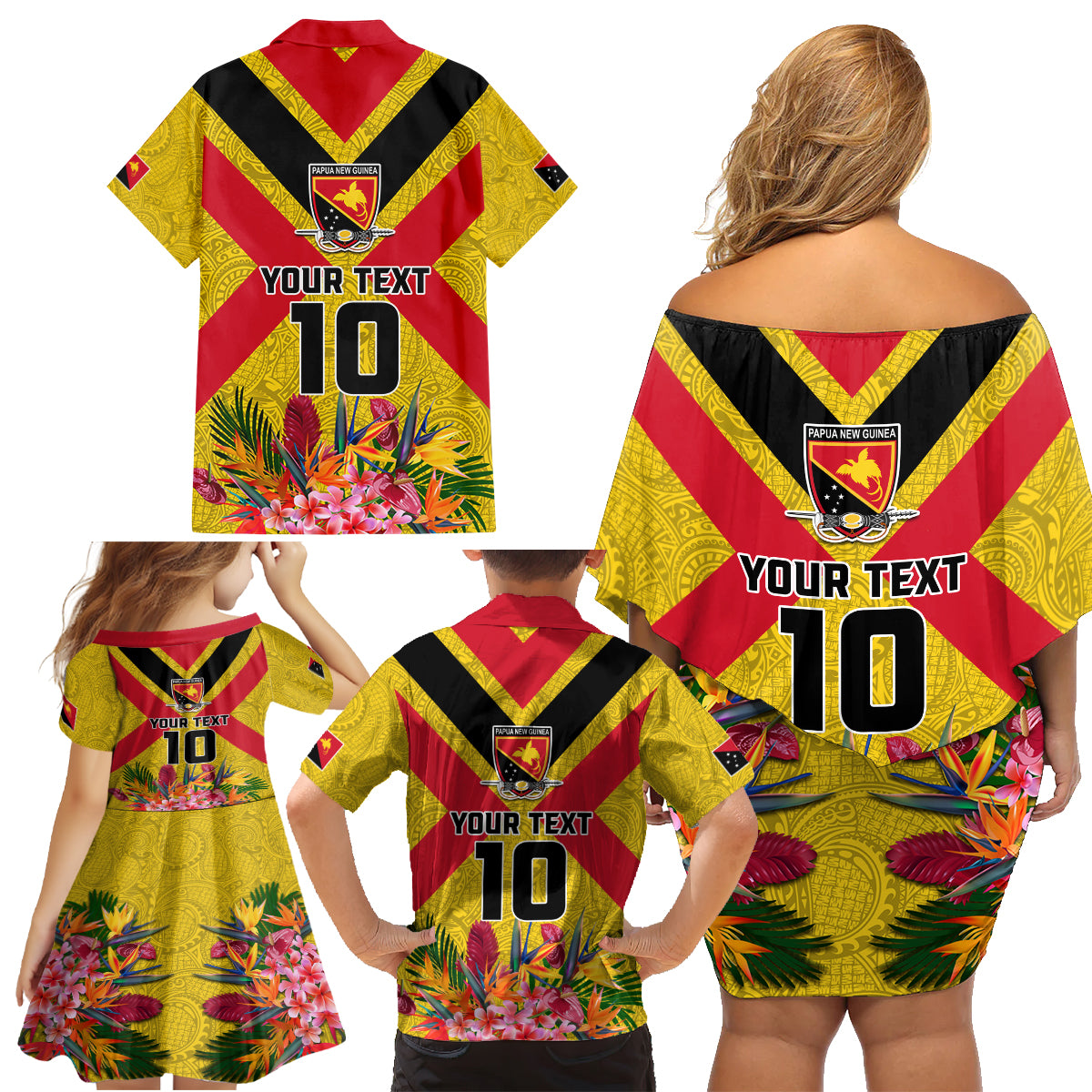Custom Papua New Guinea Rugby Family Matching Off Shoulder Short Dress and Hawaiian Shirt Bird of Paradise and Hibiscus Polynesian Pattern Yellow Color LT03 - Polynesian Pride