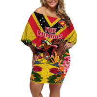 Custom Papua New Guinea Rugby Family Matching Off Shoulder Short Dress and Hawaiian Shirt Bird of Paradise and Hibiscus Polynesian Pattern Yellow Color LT03 Mom's Dress Yellow - Polynesian Pride