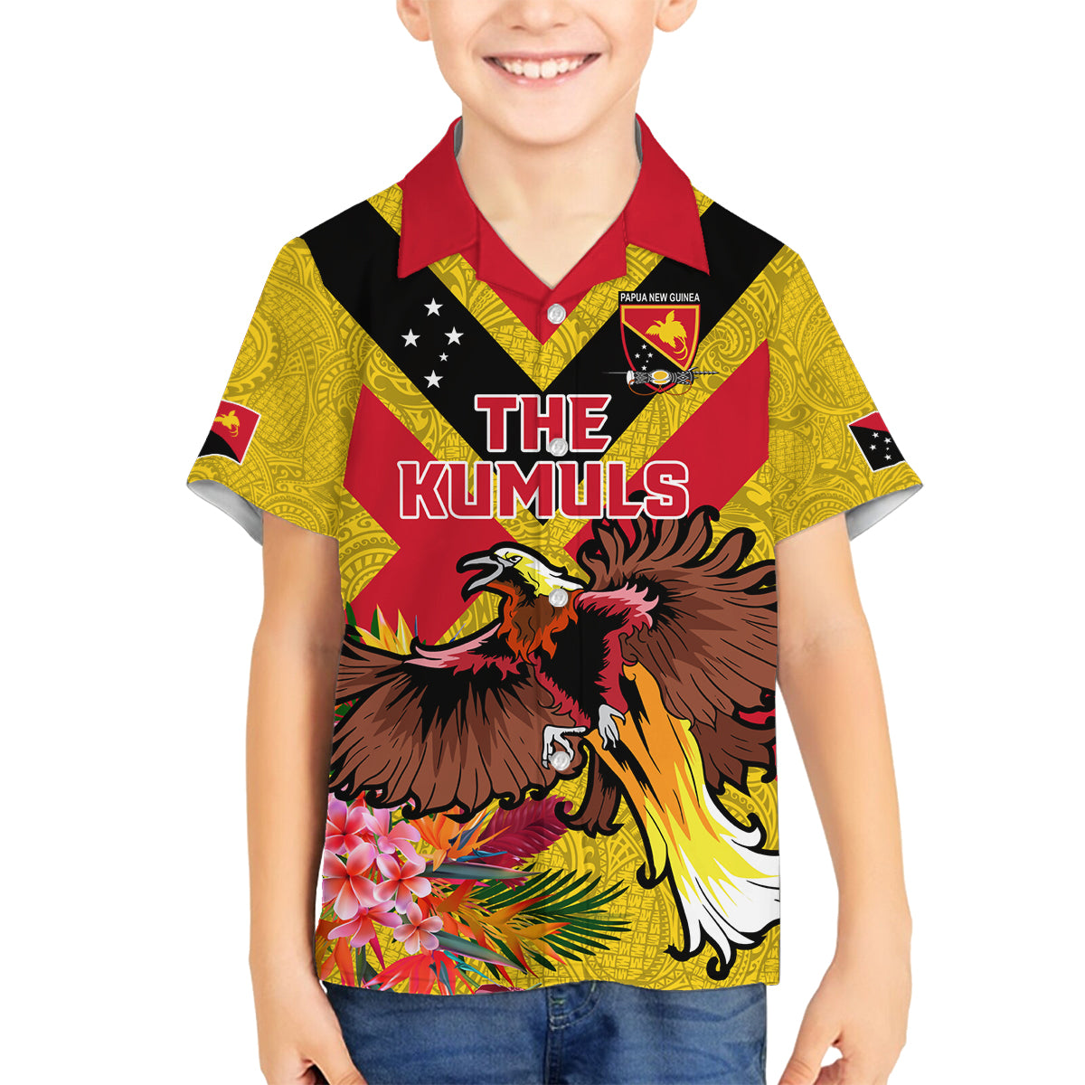 Custom Papua New Guinea Rugby Family Matching Puletasi and Hawaiian Shirt Bird of Paradise and Hibiscus Polynesian Pattern Yellow Color LT03 Son's Shirt Yellow - Polynesian Pride