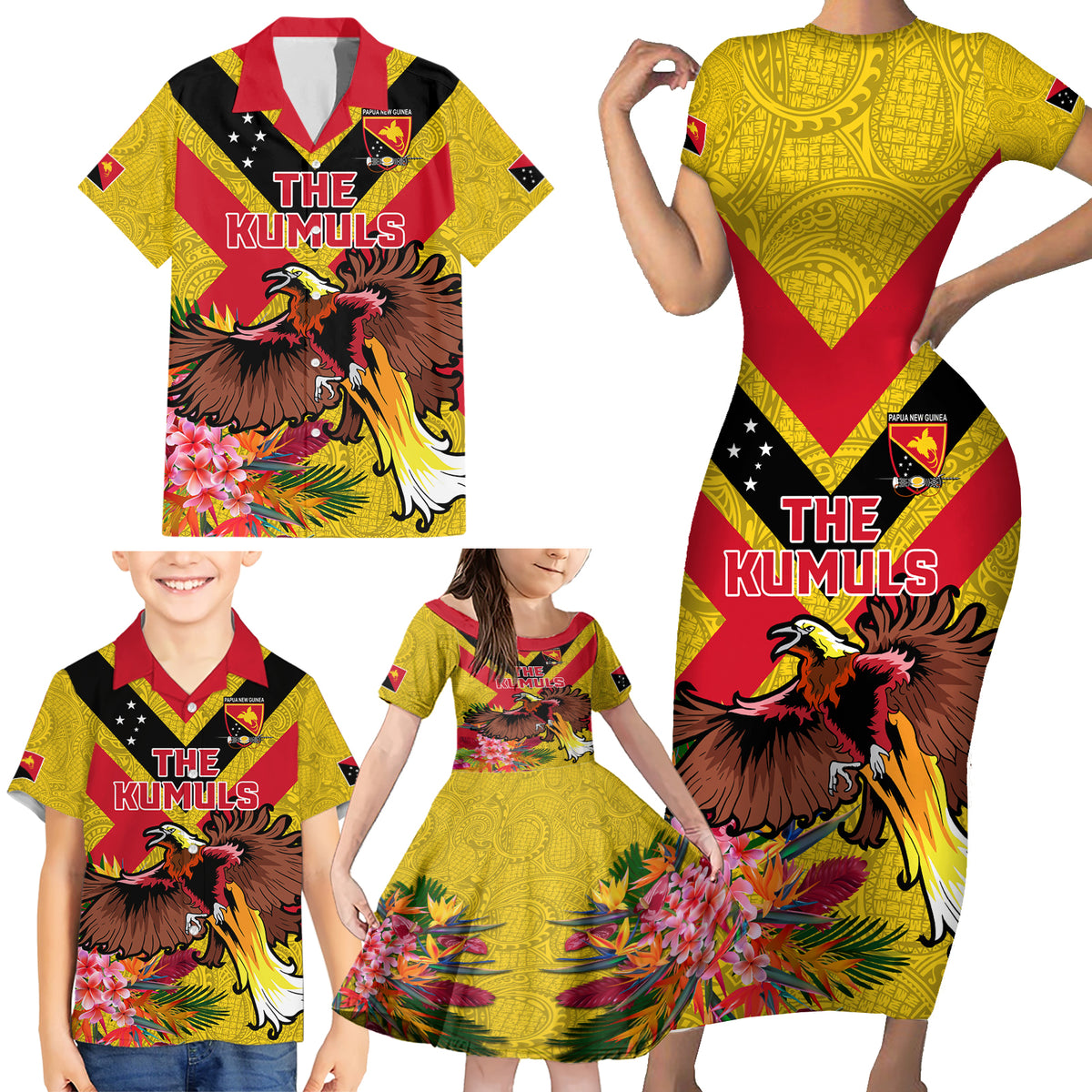 Custom Papua New Guinea Rugby Family Matching Short Sleeve Bodycon Dress and Hawaiian Shirt Bird of Paradise and Hibiscus Polynesian Pattern Yellow Color LT03 - Polynesian Pride