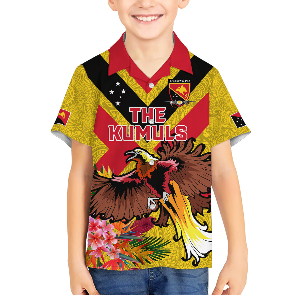 Custom Papua New Guinea Rugby Family Matching Short Sleeve Bodycon Dress and Hawaiian Shirt Bird of Paradise and Hibiscus Polynesian Pattern Yellow Color LT03 Son's Shirt Yellow - Polynesian Pride