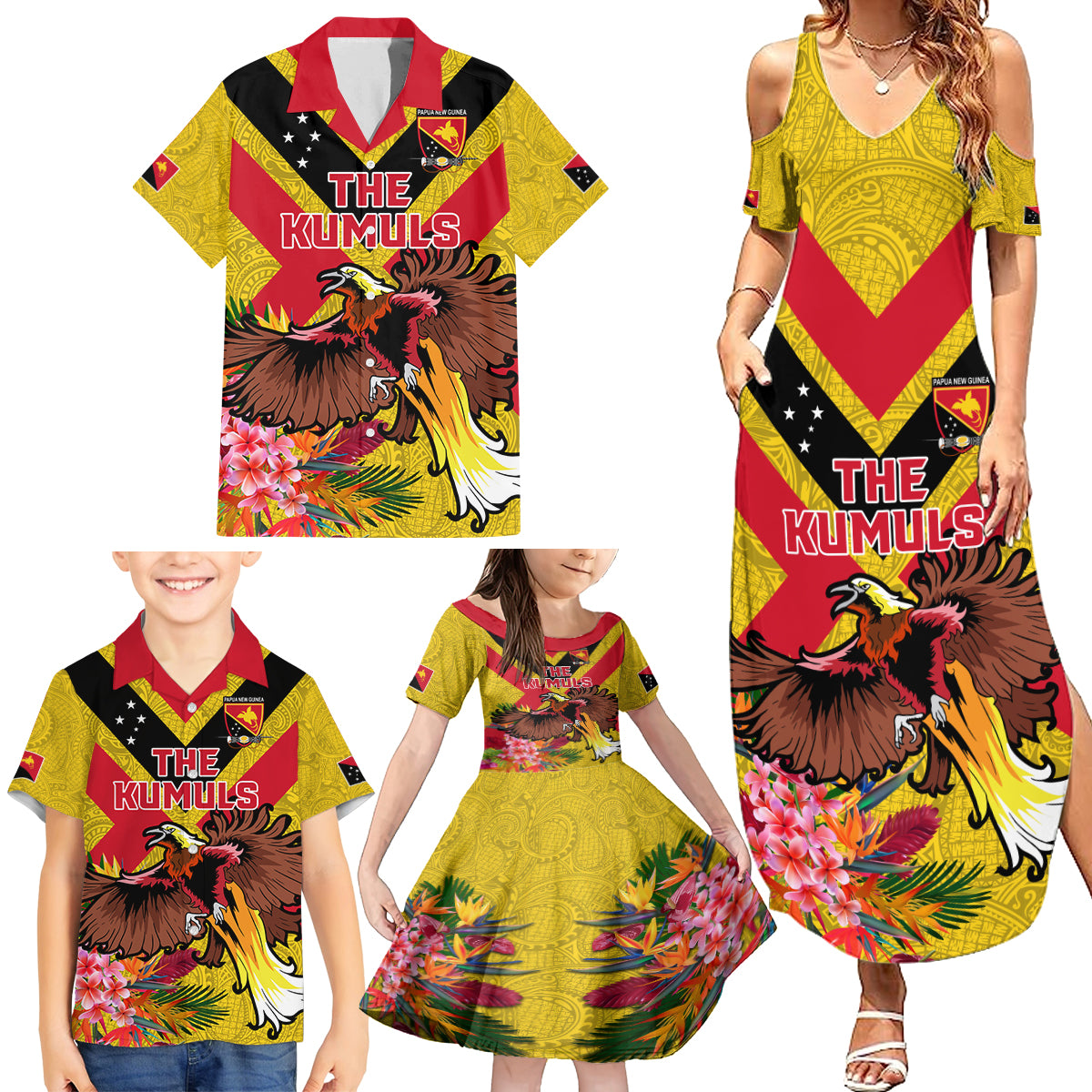 Custom Papua New Guinea Rugby Family Matching Summer Maxi Dress and Hawaiian Shirt Bird of Paradise and Hibiscus Polynesian Pattern Yellow Color LT03 - Polynesian Pride