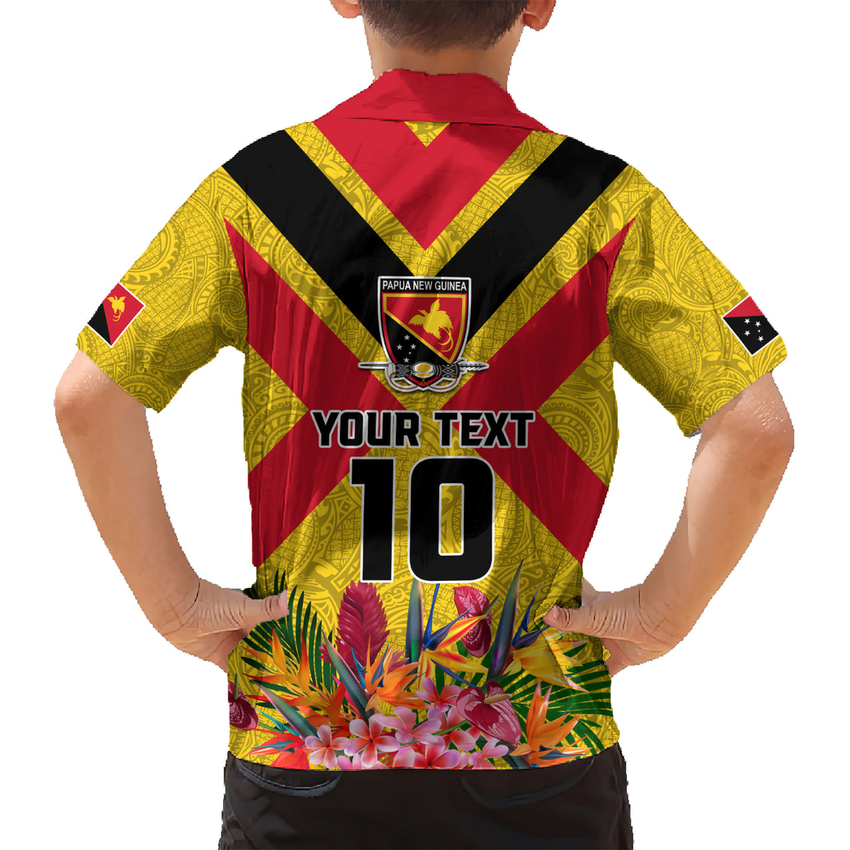 Custom Papua New Guinea Rugby Kid Hawaiian Shirt Bird of Paradise and Hibiscus Polynesian Pattern Yellow Color LT03 - Polynesian Pride