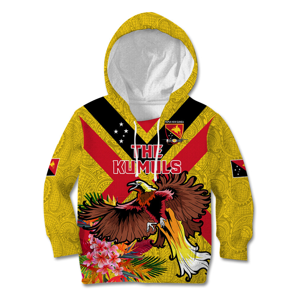 Custom Papua New Guinea Rugby Kid Hoodie Bird of Paradise and Hibiscus Polynesian Pattern Yellow Color LT03 Hoodie Yellow - Polynesian Pride