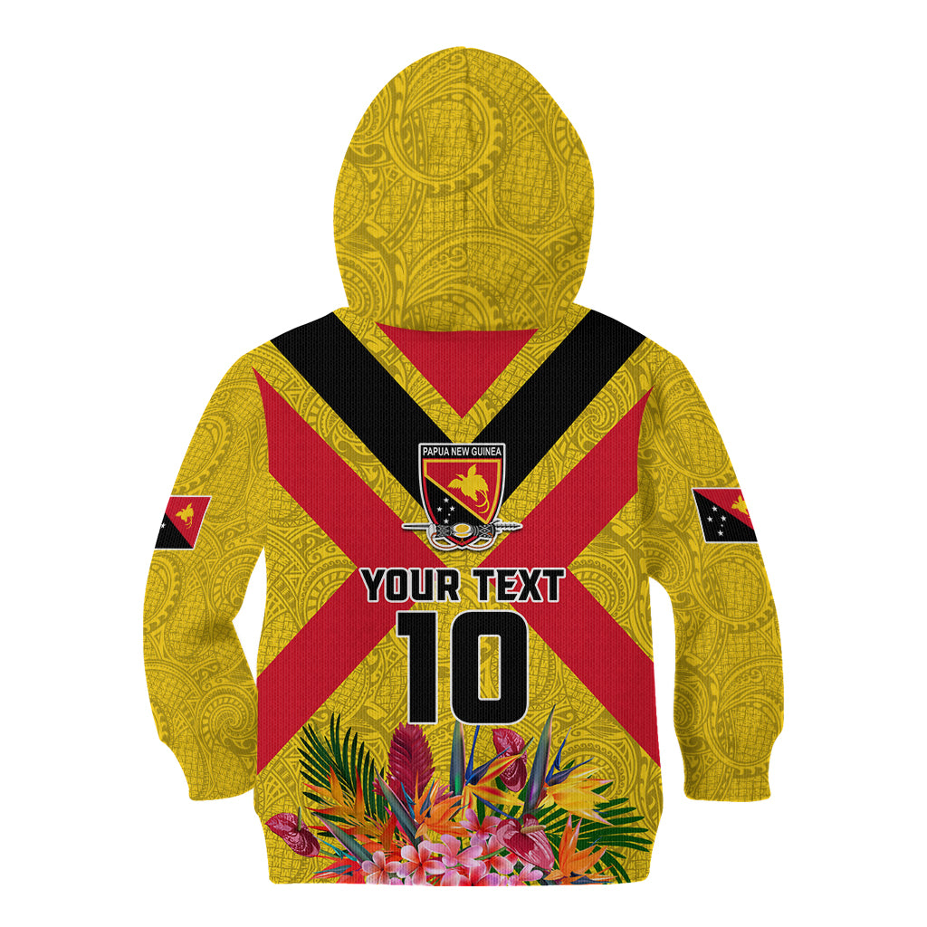 Custom Papua New Guinea Rugby Kid Hoodie Bird of Paradise and Hibiscus Polynesian Pattern Yellow Color LT03 - Polynesian Pride