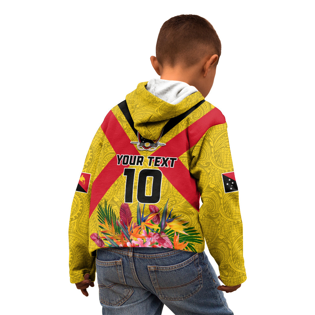 Custom Papua New Guinea Rugby Kid Hoodie Bird of Paradise and Hibiscus Polynesian Pattern Yellow Color LT03 - Polynesian Pride