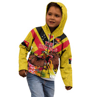 Custom Papua New Guinea Rugby Kid Hoodie Bird of Paradise and Hibiscus Polynesian Pattern Yellow Color LT03 - Polynesian Pride