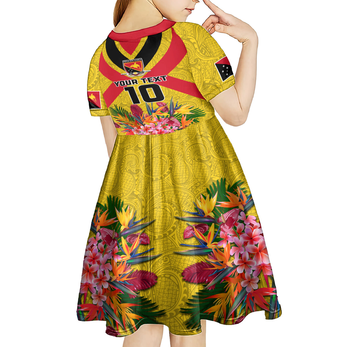 Custom Papua New Guinea Rugby Kid Short Sleeve Dress Bird of Paradise and Hibiscus Polynesian Pattern Yellow Color LT03 - Polynesian Pride