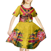 Custom Papua New Guinea Rugby Kid Short Sleeve Dress Bird of Paradise and Hibiscus Polynesian Pattern Yellow Color LT03 - Polynesian Pride
