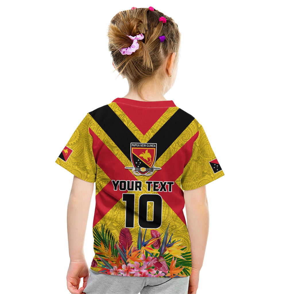 Custom Papua New Guinea Rugby Kid T Shirt Bird of Paradise and Hibiscus Polynesian Pattern Yellow Color LT03 - Polynesian Pride