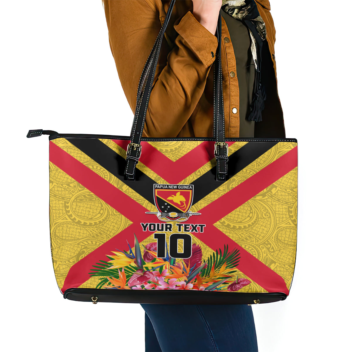 Custom Papua New Guinea Rugby Leather Tote Bag Bird of Paradise and Hibiscus Polynesian Pattern Yellow Color LT03 - Polynesian Pride