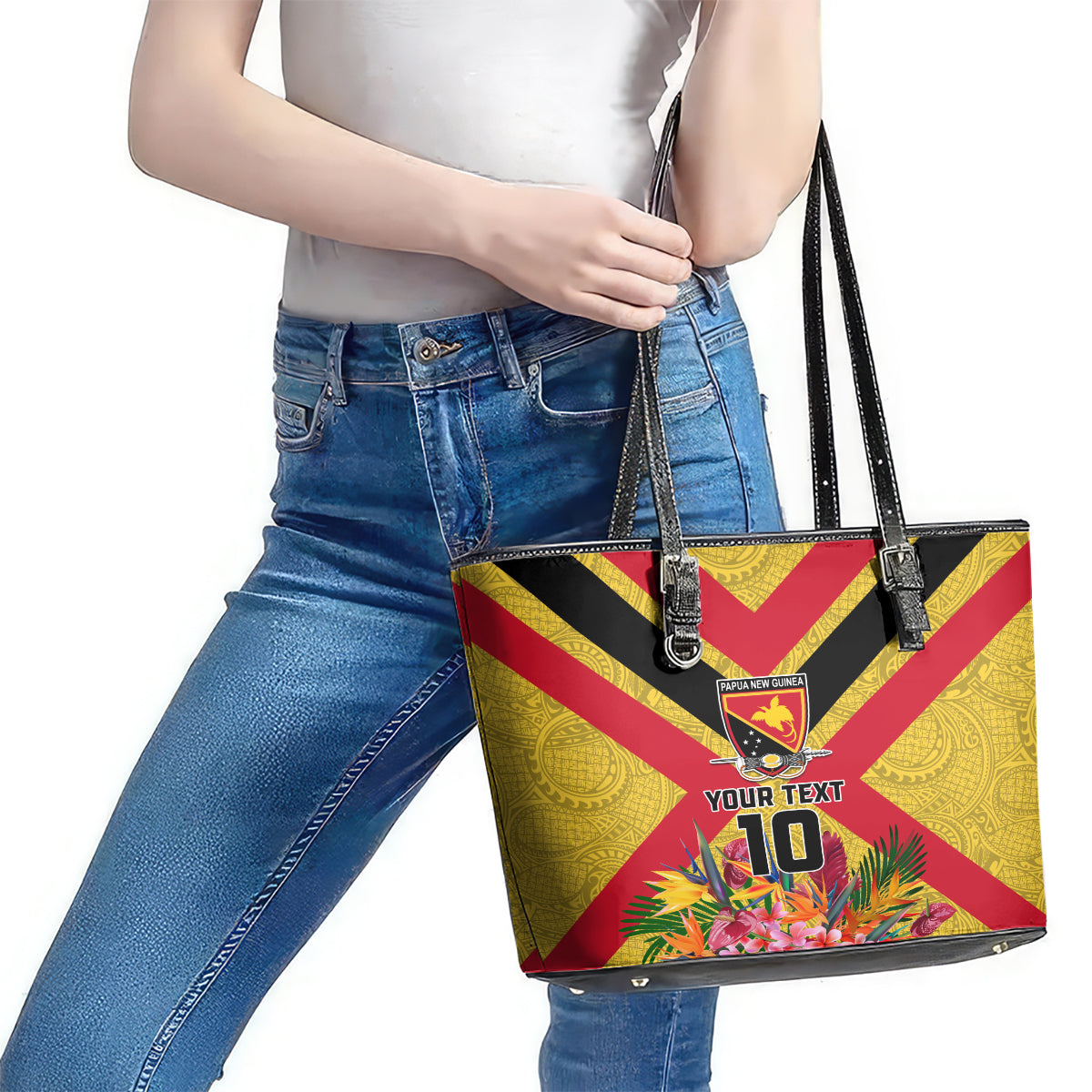 Custom Papua New Guinea Rugby Leather Tote Bag Bird of Paradise and Hibiscus Polynesian Pattern Yellow Color LT03 - Polynesian Pride