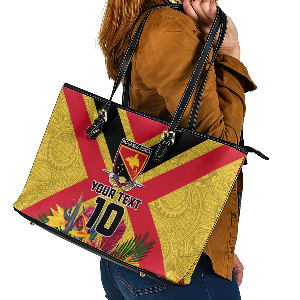 Custom Papua New Guinea Rugby Leather Tote Bag Bird of Paradise and Hibiscus Polynesian Pattern Yellow Color LT03 - Polynesian Pride