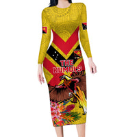 Custom Papua New Guinea Rugby Long Sleeve Bodycon Dress Bird of Paradise and Hibiscus Polynesian Pattern Yellow Color LT03 Long Dress Yellow - Polynesian Pride