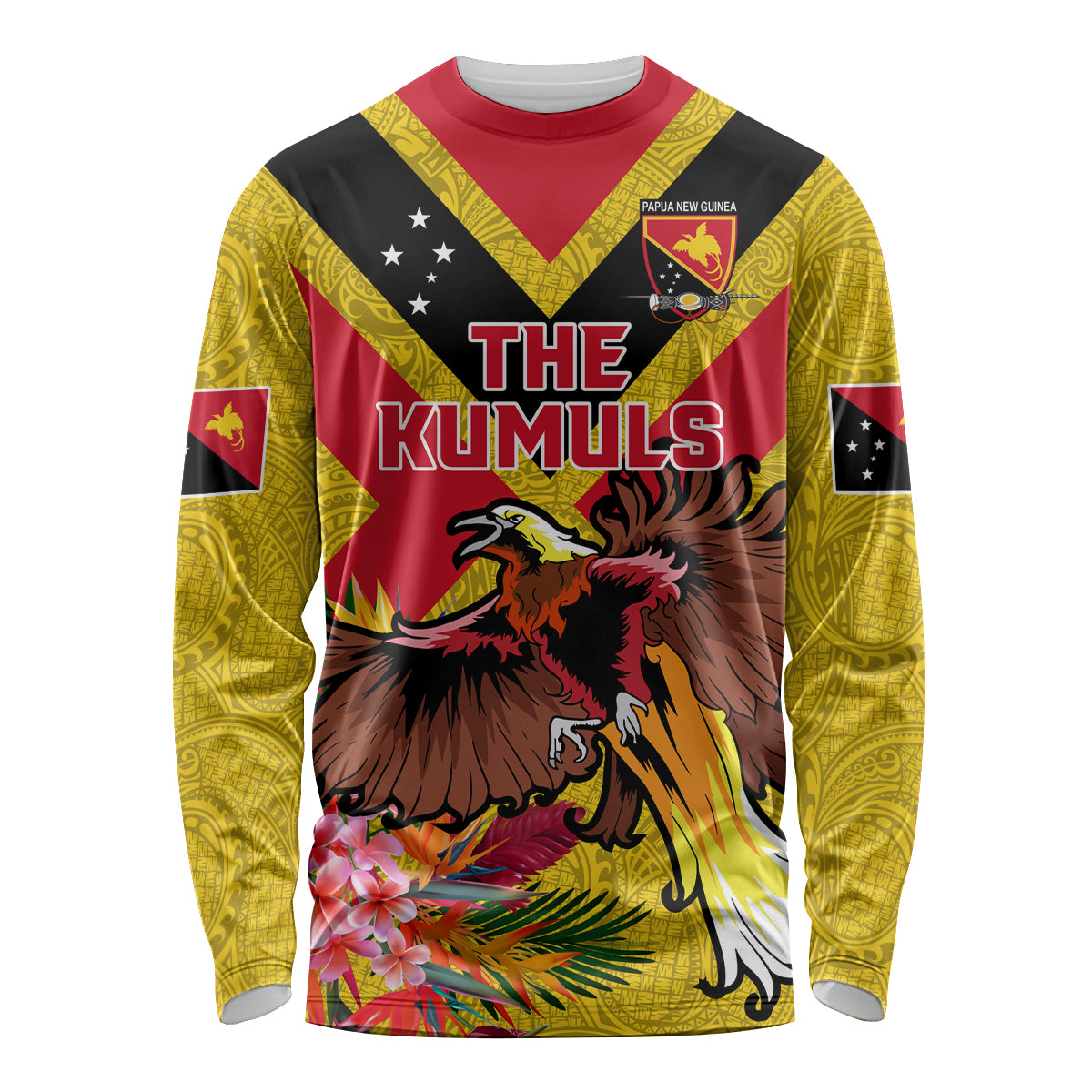 Custom Papua New Guinea Rugby Long Sleeve Shirt Bird of Paradise and Hibiscus Polynesian Pattern Yellow Color LT03 Unisex Yellow - Polynesian Pride