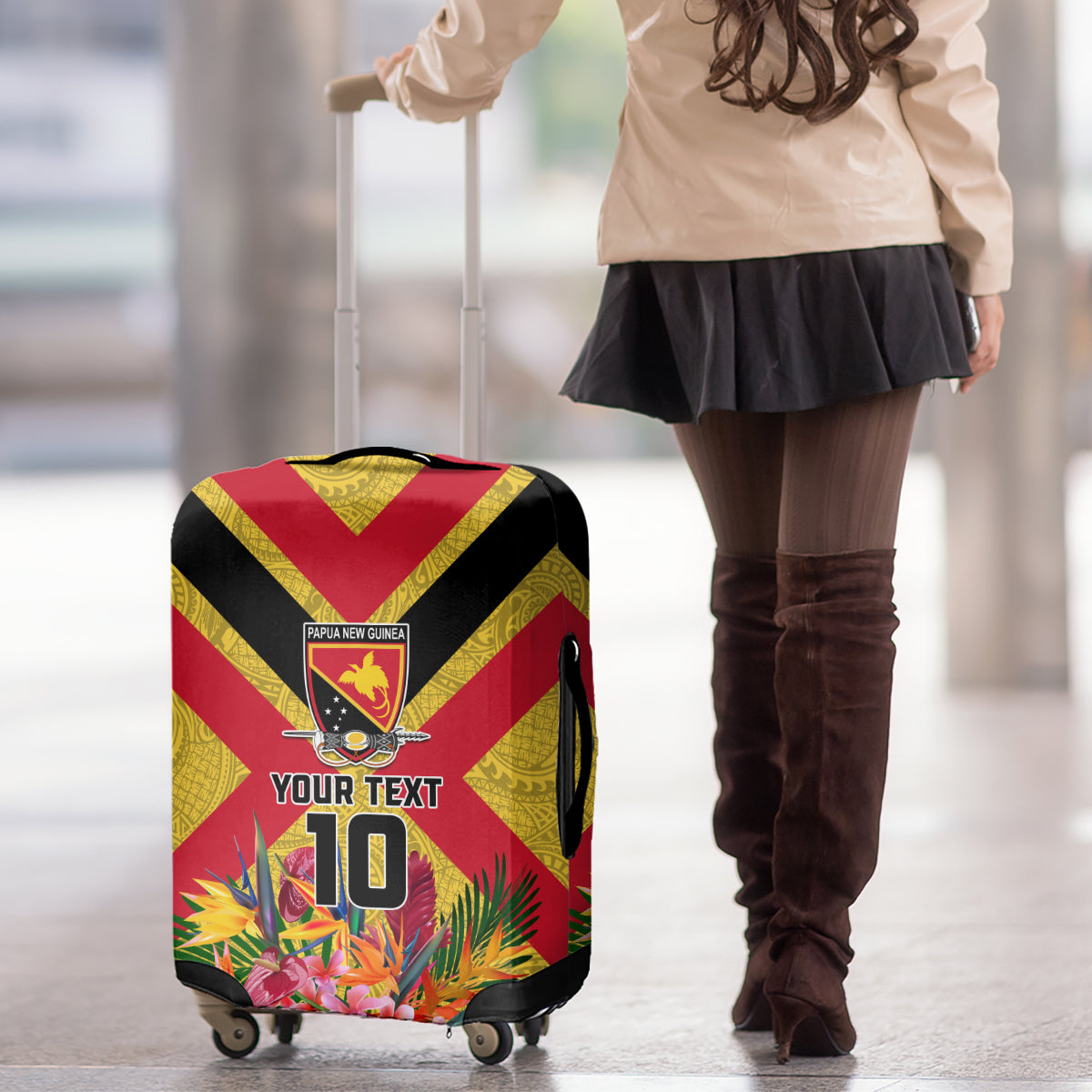 Custom Papua New Guinea Rugby Luggage Cover Bird of Paradise and Hibiscus Polynesian Pattern Yellow Color LT03 - Polynesian Pride