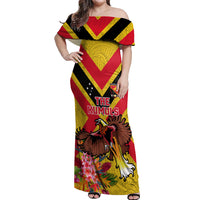 Custom Papua New Guinea Rugby Off Shoulder Maxi Dress Bird of Paradise and Hibiscus Polynesian Pattern Yellow Color LT03 Women Yellow - Polynesian Pride