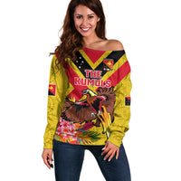 Custom Papua New Guinea Rugby Off Shoulder Sweater Bird of Paradise and Hibiscus Polynesian Pattern Yellow Color LT03 Women Yellow - Polynesian Pride
