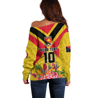 Custom Papua New Guinea Rugby Off Shoulder Sweater Bird of Paradise and Hibiscus Polynesian Pattern Yellow Color LT03 - Polynesian Pride