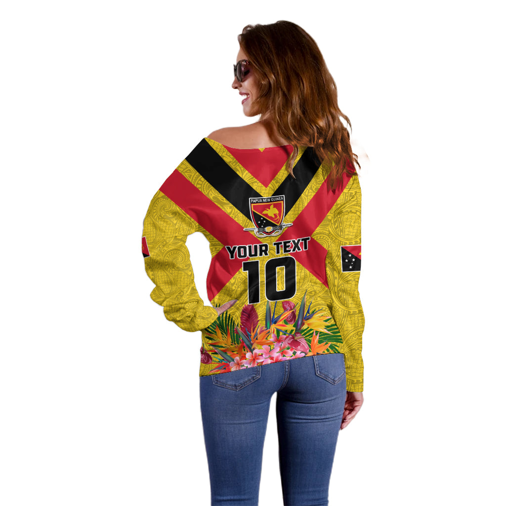 Custom Papua New Guinea Rugby Off Shoulder Sweater Bird of Paradise and Hibiscus Polynesian Pattern Yellow Color LT03 - Polynesian Pride