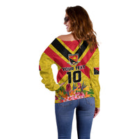 Custom Papua New Guinea Rugby Off Shoulder Sweater Bird of Paradise and Hibiscus Polynesian Pattern Yellow Color LT03 - Polynesian Pride