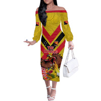 Custom Papua New Guinea Rugby Off The Shoulder Long Sleeve Dress Bird of Paradise and Hibiscus Polynesian Pattern Yellow Color LT03 Women Yellow - Polynesian Pride