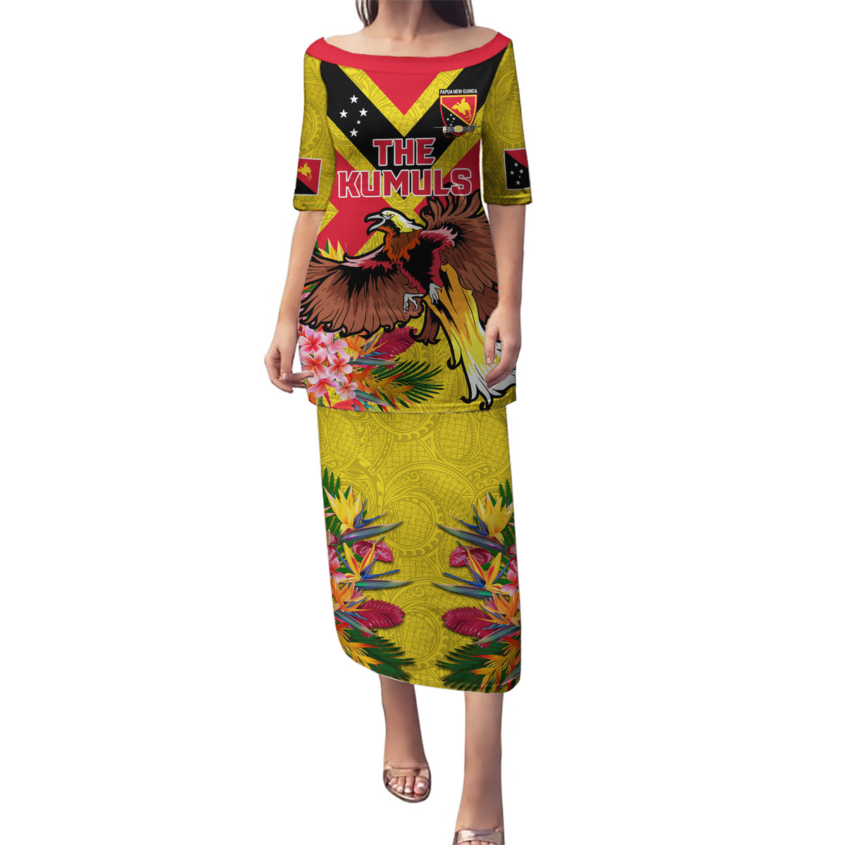 Custom Papua New Guinea Rugby Puletasi Bird of Paradise and Hibiscus Polynesian Pattern Yellow Color LT03 Long Dress Yellow - Polynesian Pride