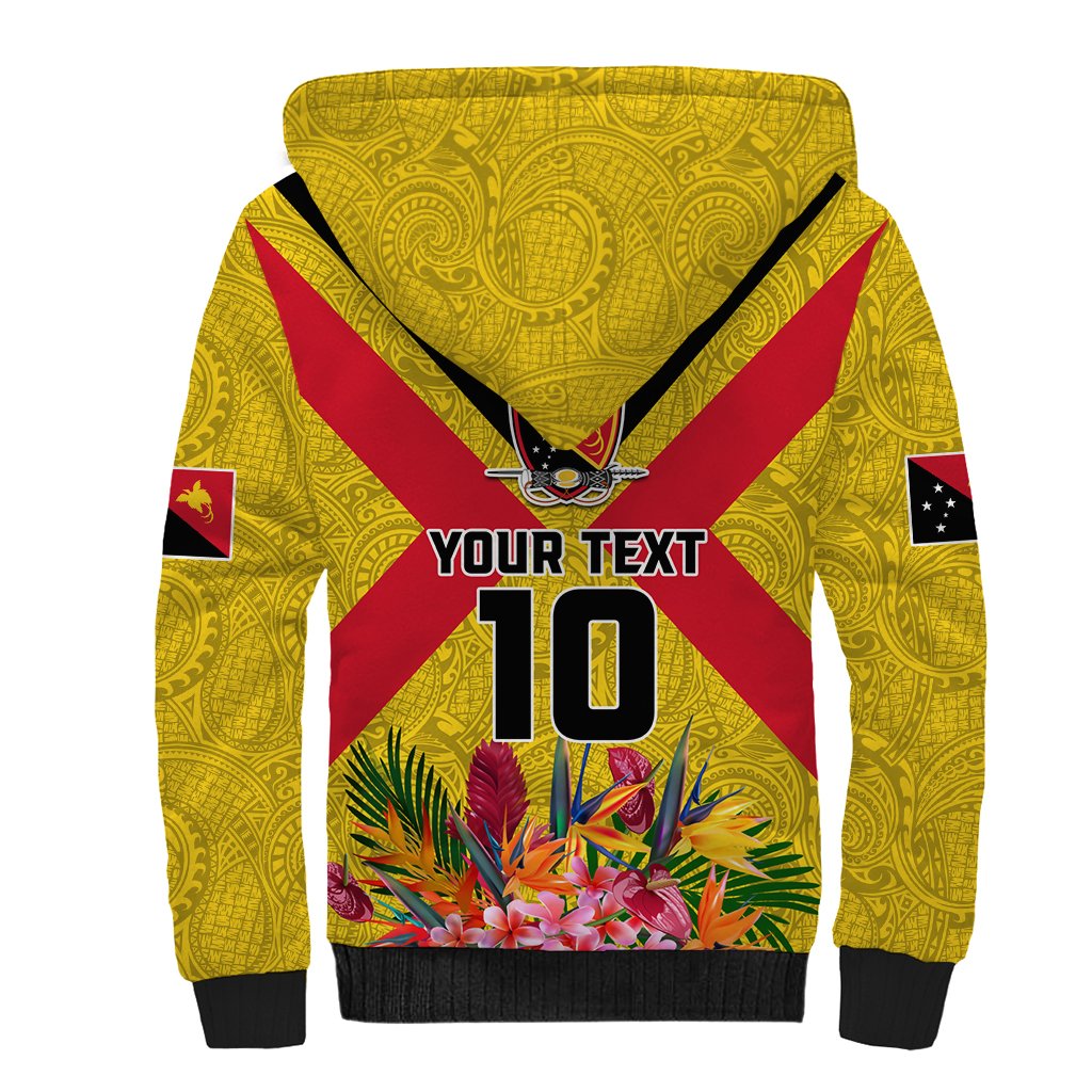 Custom Papua New Guinea Rugby Sherpa Hoodie Bird of Paradise and Hibiscus Polynesian Pattern Yellow Color LT03 - Polynesian Pride