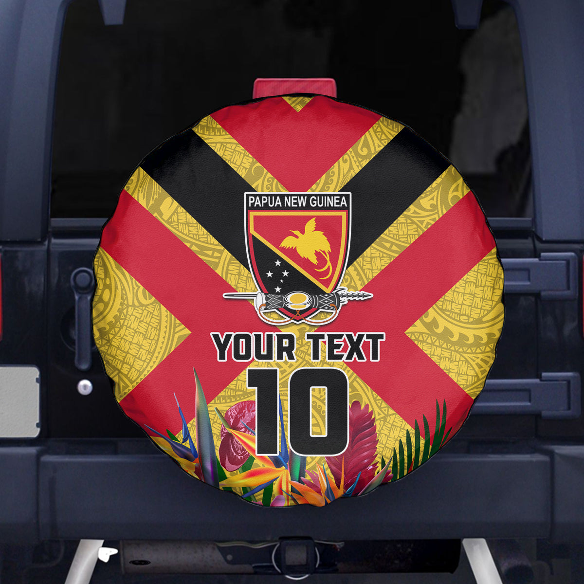 Custom Papua New Guinea Rugby Spare Tire Cover Bird of Paradise and Hibiscus Polynesian Pattern Yellow Color LT03 - Polynesian Pride