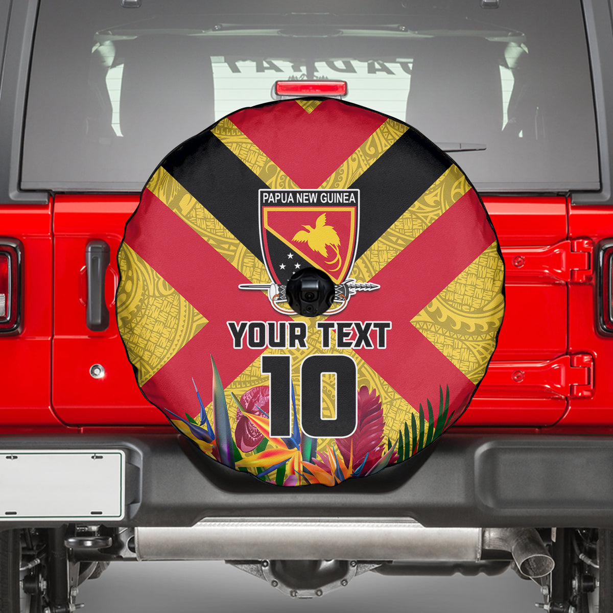Custom Papua New Guinea Rugby Spare Tire Cover Bird of Paradise and Hibiscus Polynesian Pattern Yellow Color LT03 - Polynesian Pride