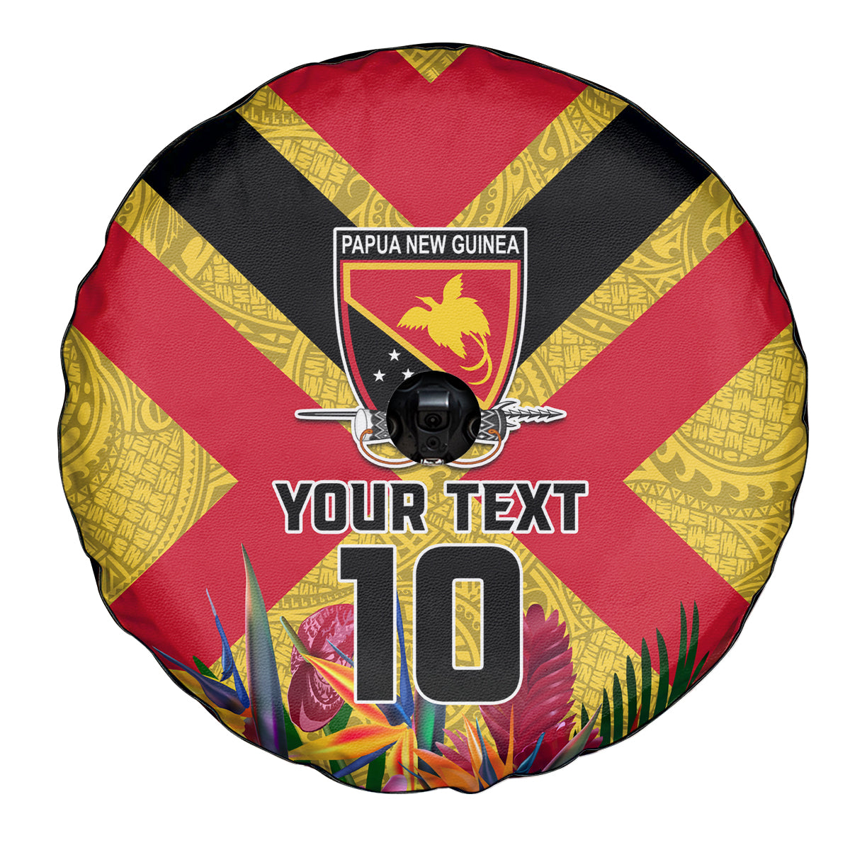 Custom Papua New Guinea Rugby Spare Tire Cover Bird of Paradise and Hibiscus Polynesian Pattern Yellow Color LT03 - Polynesian Pride