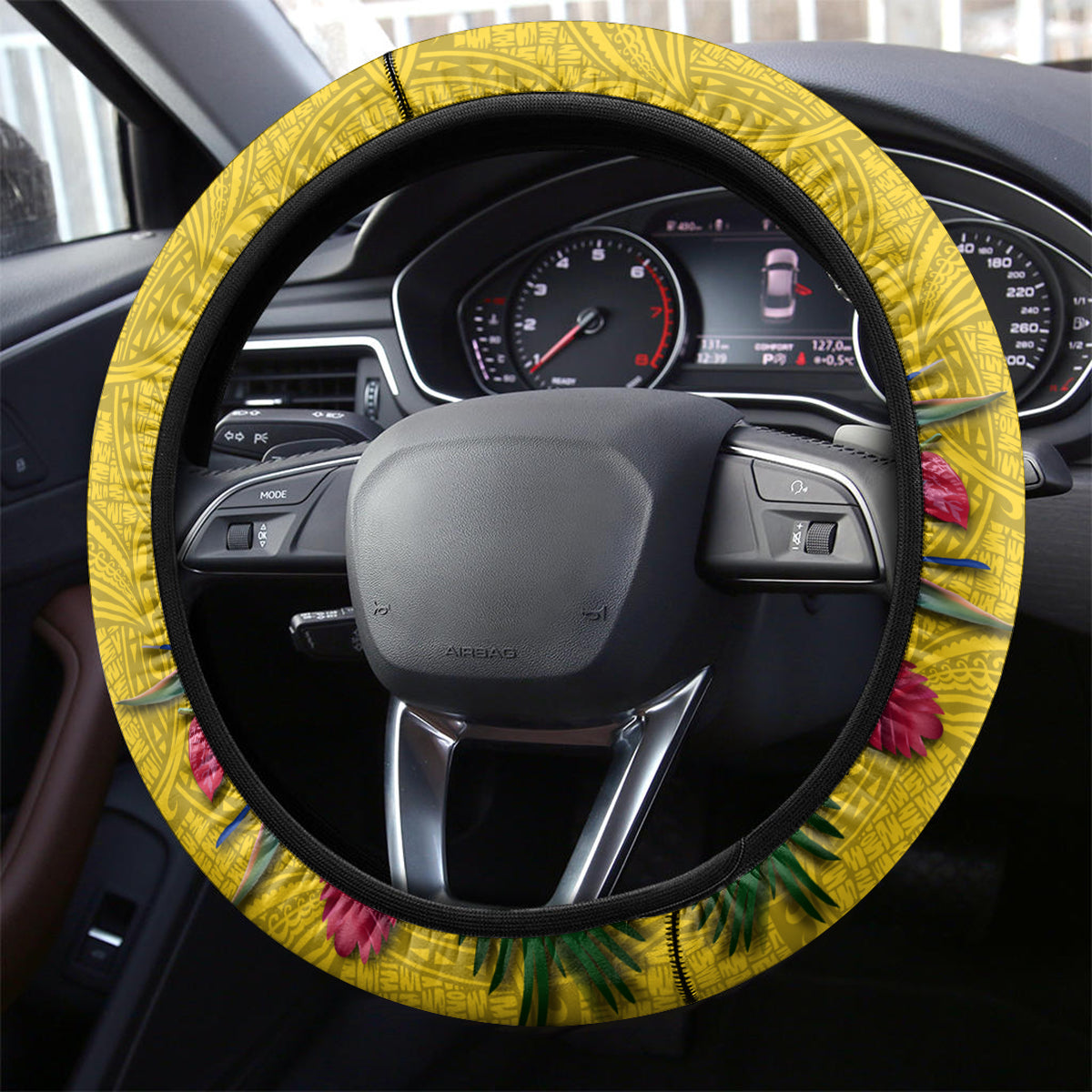 Papua New Guinea Rugby Steering Wheel Cover Bird of Paradise and Hibiscus Polynesian Pattern Yellow Color LT03 - Polynesian Pride