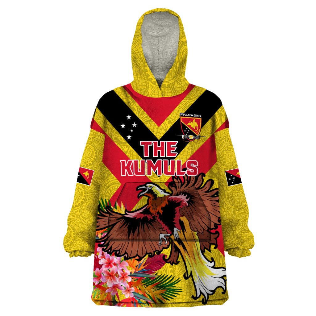 Custom Papua New Guinea Rugby Wearable Blanket Hoodie Bird of Paradise and Hibiscus Polynesian Pattern Yellow Color LT03 One Size Yellow - Polynesian Pride