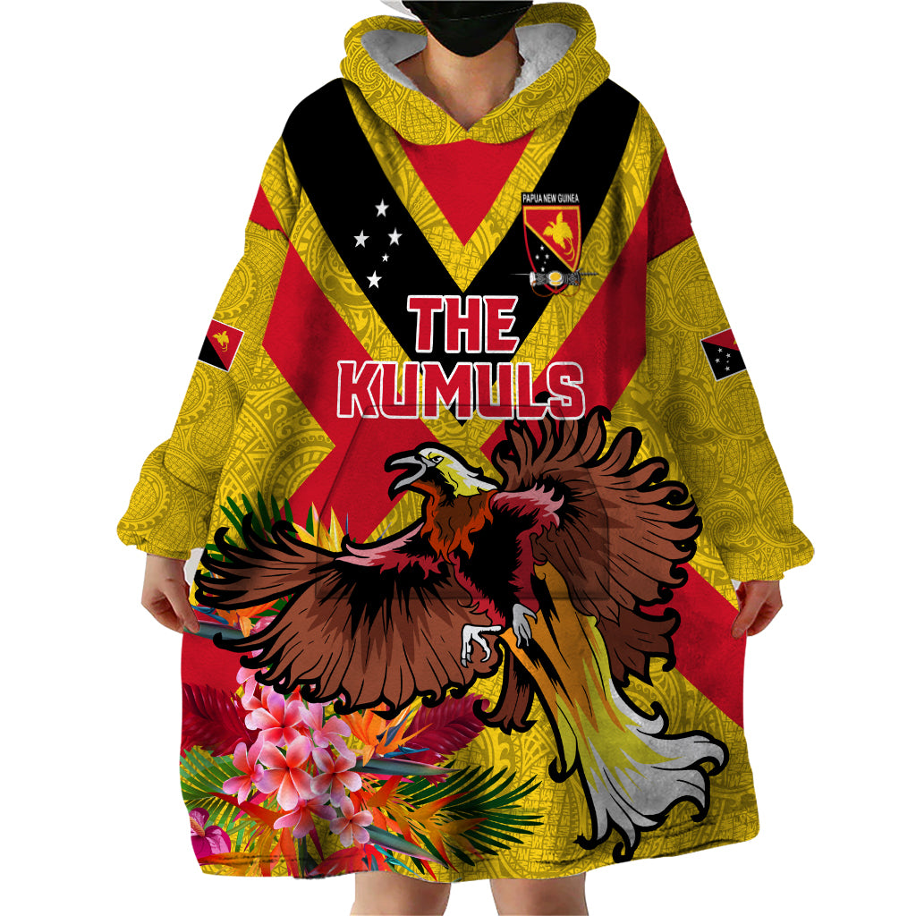 Custom Papua New Guinea Rugby Wearable Blanket Hoodie Bird of Paradise and Hibiscus Polynesian Pattern Yellow Color LT03 - Polynesian Pride