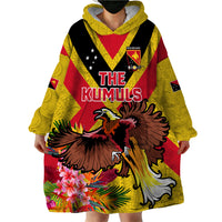 Custom Papua New Guinea Rugby Wearable Blanket Hoodie Bird of Paradise and Hibiscus Polynesian Pattern Yellow Color LT03 - Polynesian Pride