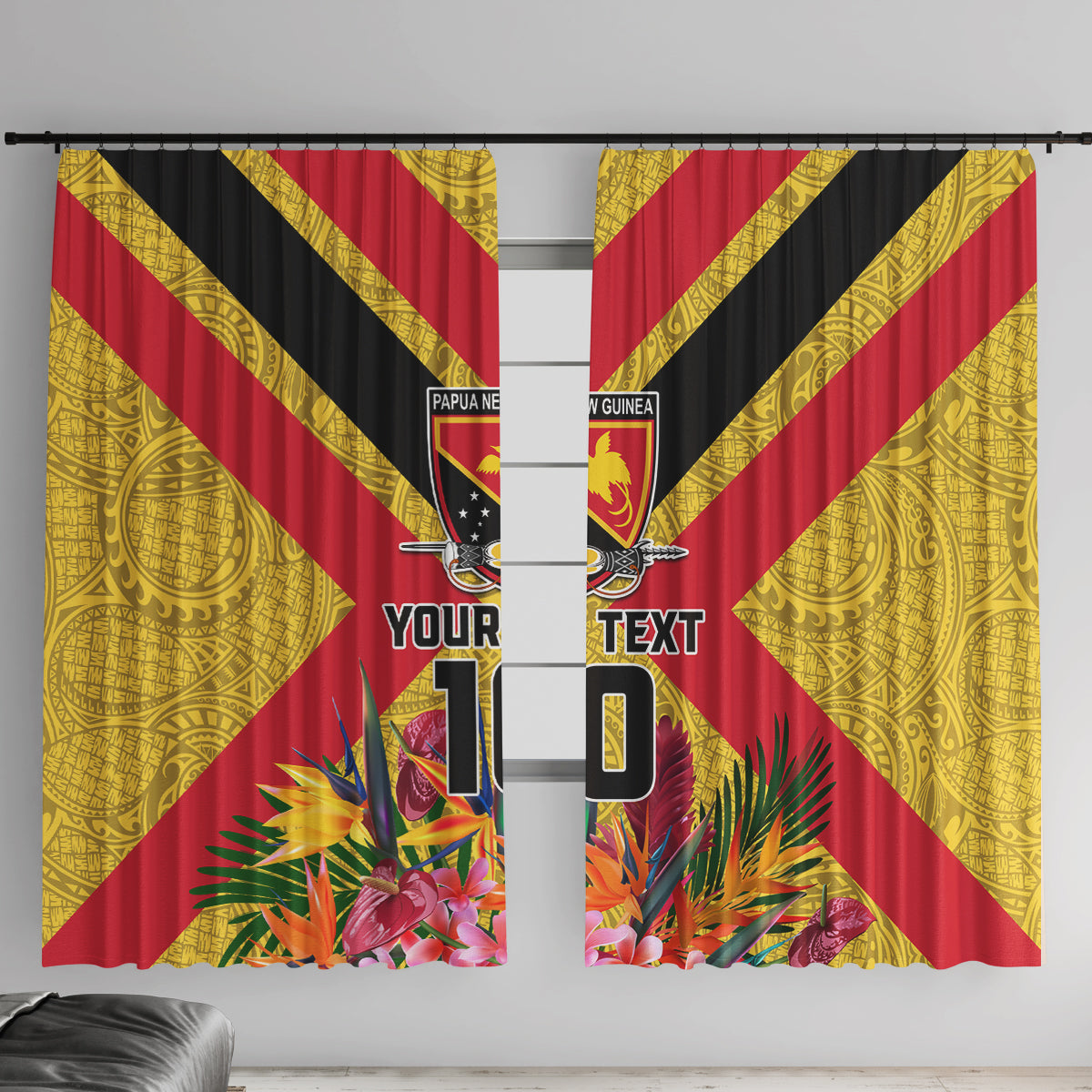 Custom Papua New Guinea Rugby Window Curtain Bird of Paradise and Hibiscus Polynesian Pattern Yellow Color LT03 With Hooks Yellow - Polynesian Pride