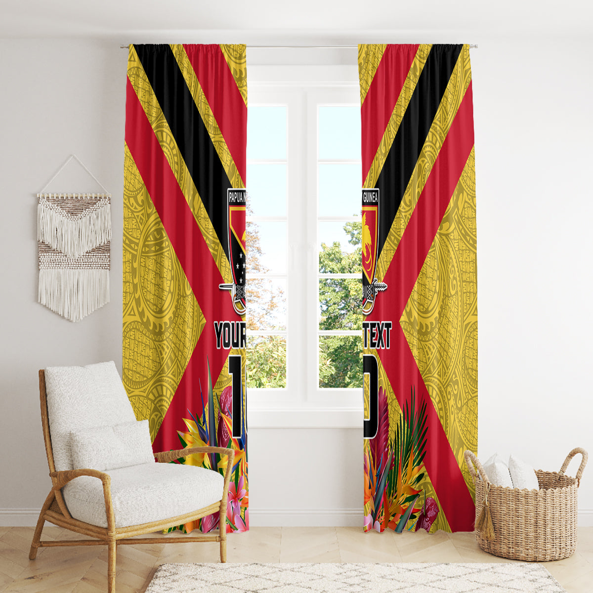 Custom Papua New Guinea Rugby Window Curtain Bird of Paradise and Hibiscus Polynesian Pattern Yellow Color LT03 - Polynesian Pride