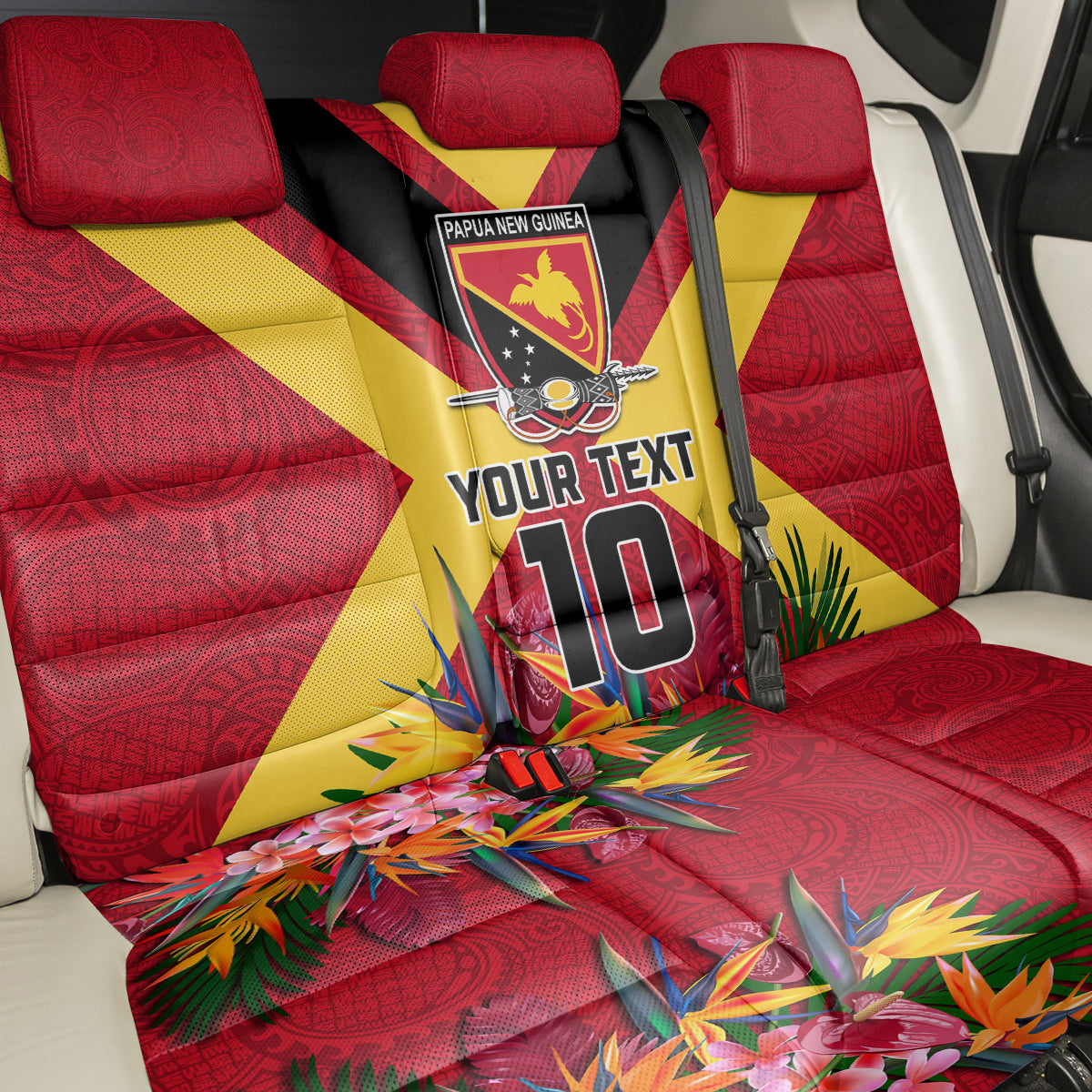 Custom Papua New Guinea Rugby Back Car Seat Cover Bird of Paradise and Hibiscus Polynesian Pattern Red Color LT03 - Polynesian Pride
