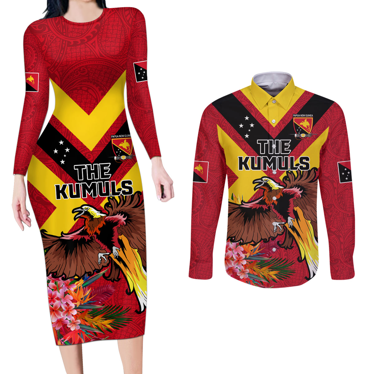 Custom Papua New Guinea Rugby Couples Matching Long Sleeve Bodycon Dress and Long Sleeve Button Shirt Bird of Paradise and Hibiscus Polynesian Pattern Red Color LT03 Red - Polynesian Pride