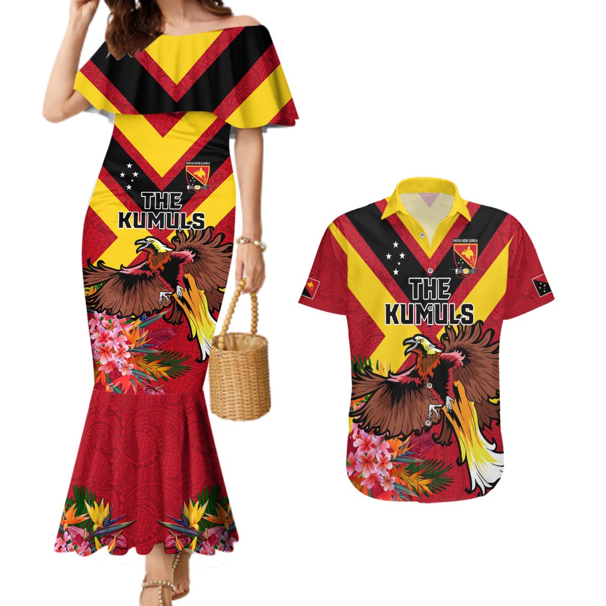 Custom Papua New Guinea Rugby Couples Matching Mermaid Dress and Hawaiian Shirt Bird of Paradise and Hibiscus Polynesian Pattern Red Color LT03 Red - Polynesian Pride