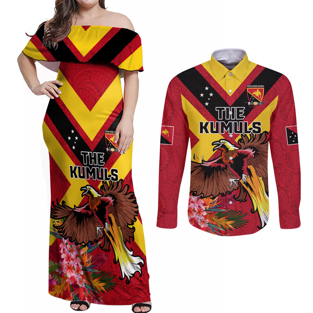 Custom Papua New Guinea Rugby Couples Matching Off Shoulder Maxi Dress and Long Sleeve Button Shirt Bird of Paradise and Hibiscus Polynesian Pattern Red Color LT03 Red - Polynesian Pride