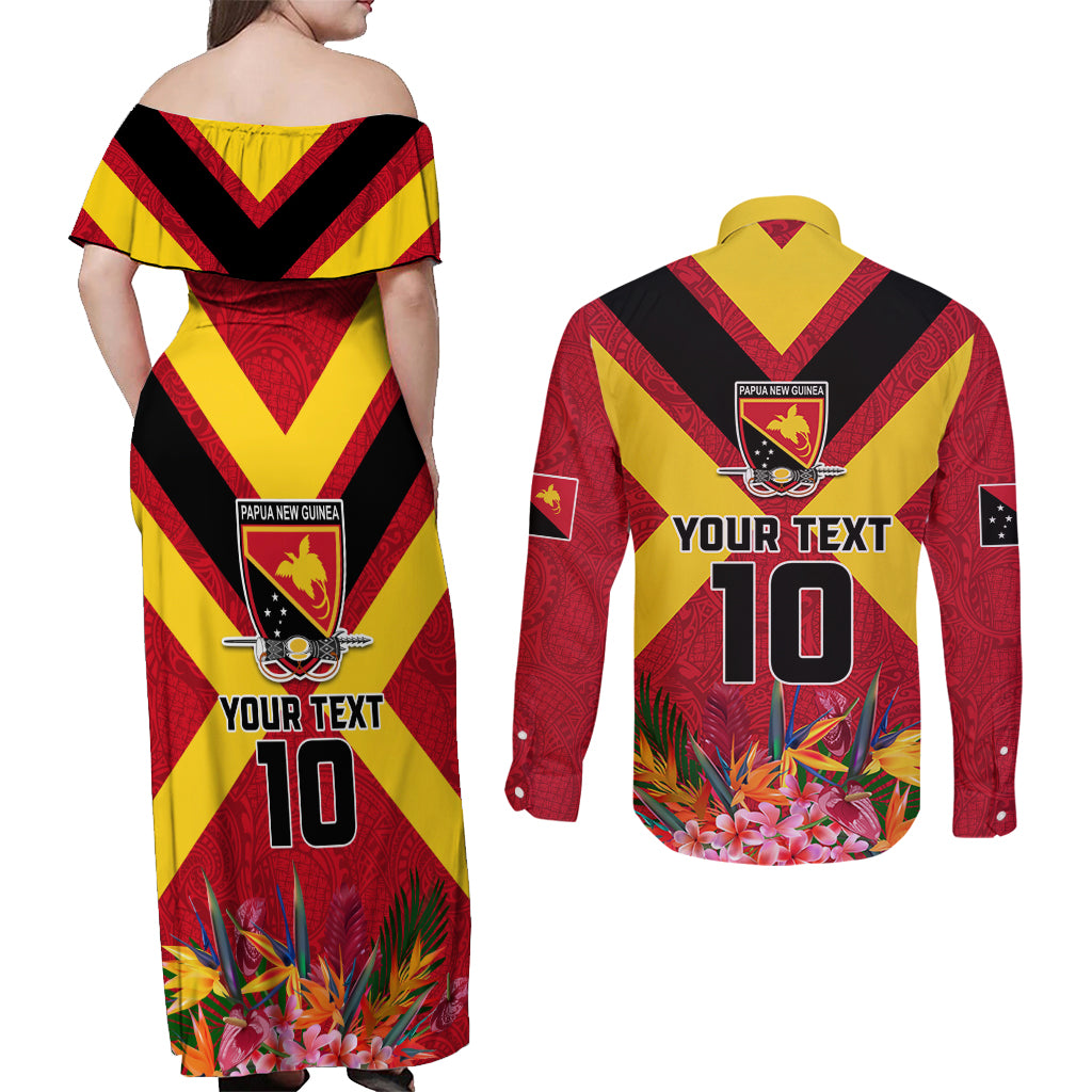 Custom Papua New Guinea Rugby Couples Matching Off Shoulder Maxi Dress and Long Sleeve Button Shirt Bird of Paradise and Hibiscus Polynesian Pattern Red Color LT03 - Polynesian Pride