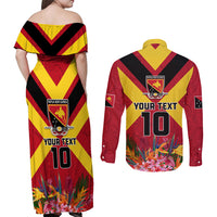 Custom Papua New Guinea Rugby Couples Matching Off Shoulder Maxi Dress and Long Sleeve Button Shirt Bird of Paradise and Hibiscus Polynesian Pattern Red Color LT03 - Polynesian Pride