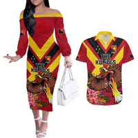 Custom Papua New Guinea Rugby Couples Matching Off The Shoulder Long Sleeve Dress and Hawaiian Shirt Bird of Paradise and Hibiscus Polynesian Pattern Red Color LT03 Red - Polynesian Pride
