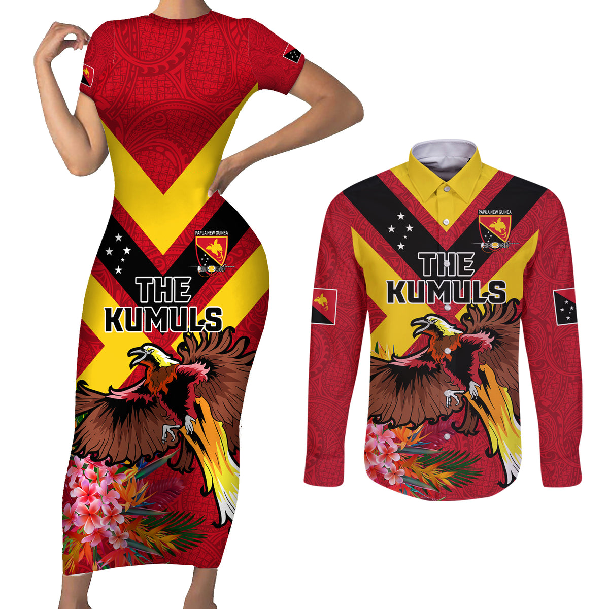 Custom Papua New Guinea Rugby Couples Matching Short Sleeve Bodycon Dress and Long Sleeve Button Shirt Bird of Paradise and Hibiscus Polynesian Pattern Red Color LT03 Red - Polynesian Pride