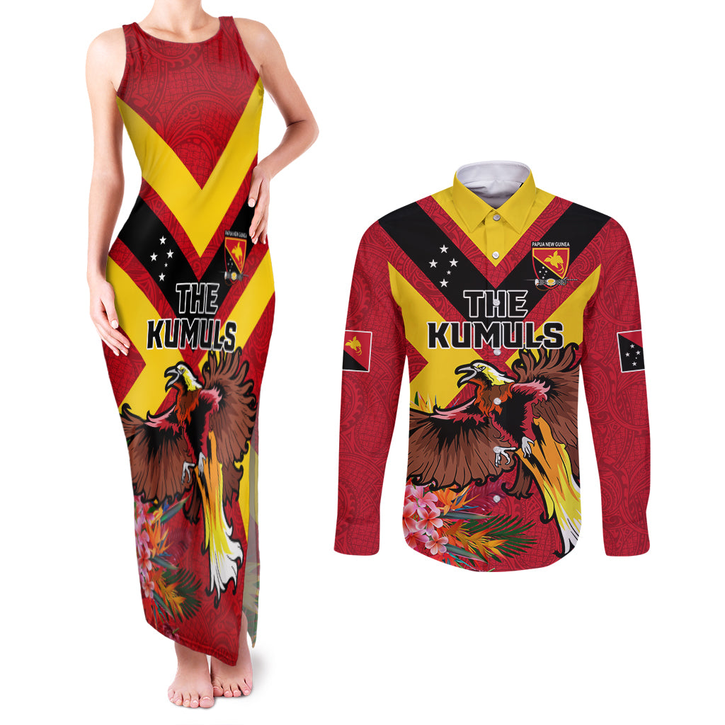 Custom Papua New Guinea Rugby Couples Matching Tank Maxi Dress and Long Sleeve Button Shirt Bird of Paradise and Hibiscus Polynesian Pattern Red Color LT03 Red - Polynesian Pride