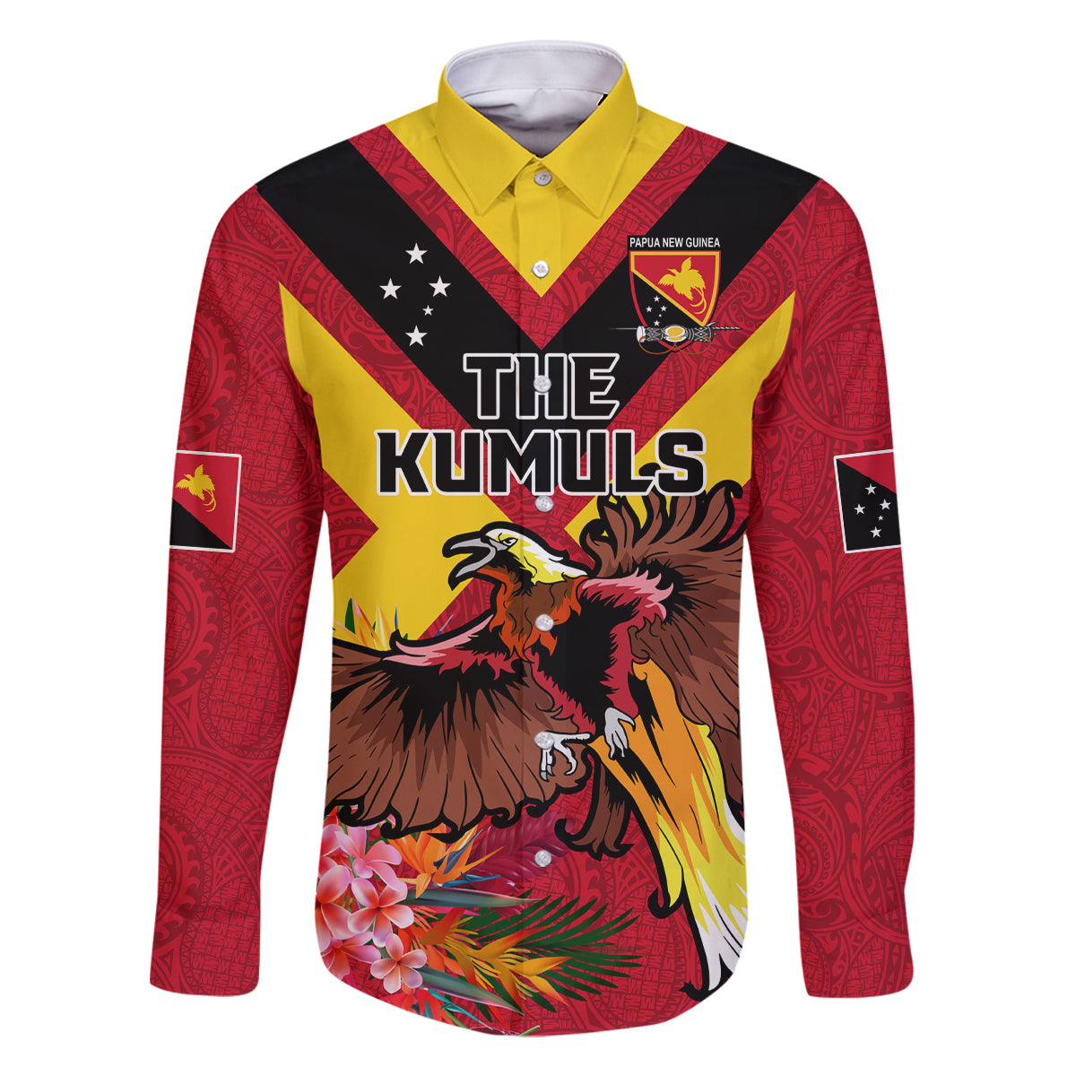 Custom Papua New Guinea Rugby Family Matching Long Sleeve Bodycon Dress and Hawaiian Shirt Bird of Paradise and Hibiscus Polynesian Pattern Red Color LT03 Dad's Shirt - Long Sleeve Red - Polynesian Pride