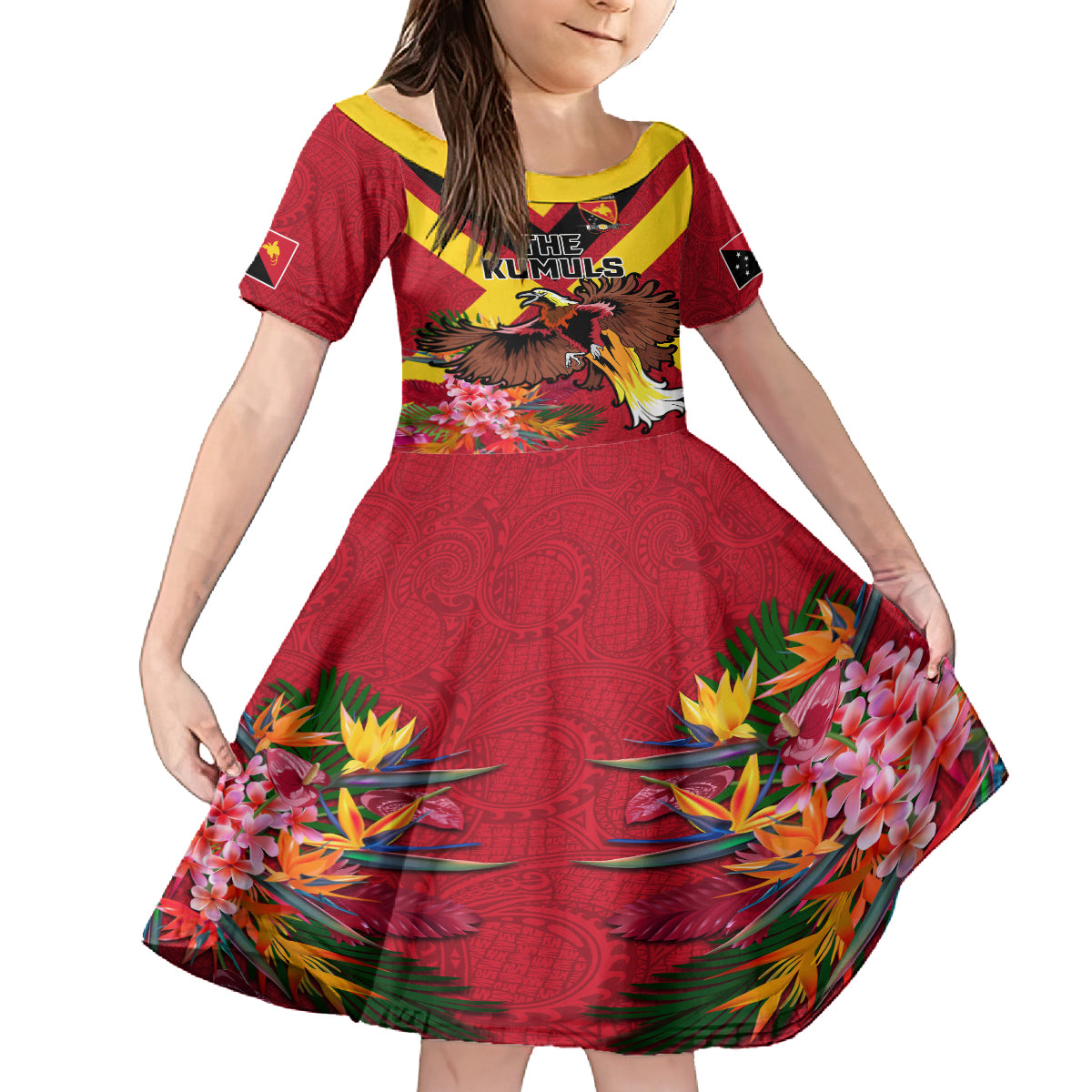 Custom Papua New Guinea Rugby Family Matching Off The Shoulder Long Sleeve Dress and Hawaiian Shirt Bird of Paradise and Hibiscus Polynesian Pattern Red Color LT03 Daughter's Dress Red - Polynesian Pride